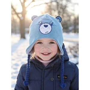 Care‎ Bears Hat - Grumpy Bear - Blue Fleece Lined - Heart Braided - Beanie NWT
